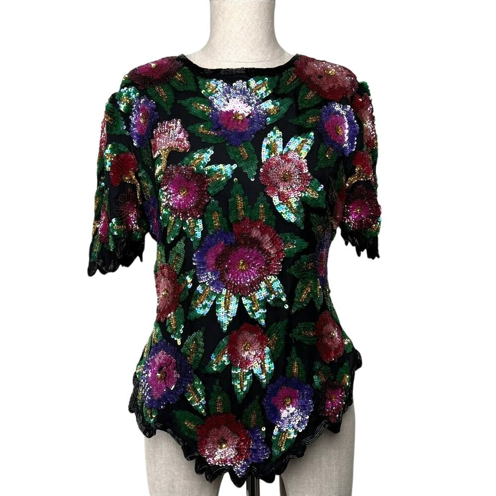Laurence Kazar Silk Sequin Floral Top 90s Vintage Glam Beaded Black Size Large